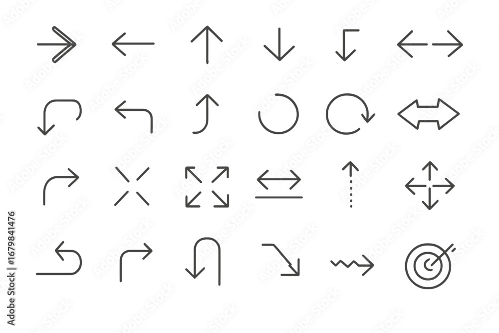 Poster arrow thin line icon set. vector outline arrows signs for web design, apps, and user interface. dire