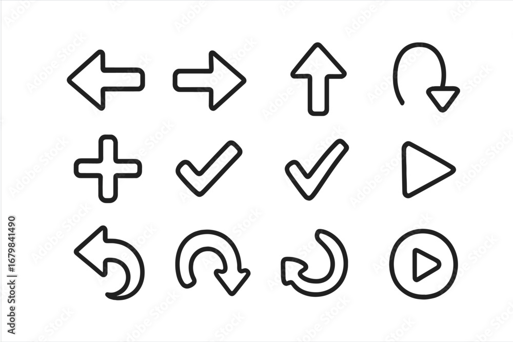 Poster interface outline simple icons bundle. ui ux kit for web and app design. contains arrow, plus, check