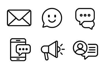 Communication and messaging outline icon set. Includes email, chat bubble, social media, and mobile message symbols. Vector line icons for web design, marketing, and app interface.