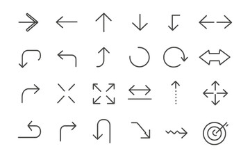 Arrow thin line icon set. Vector outline arrows signs for web design, apps, and user interface. Direction, navigation, cursor, pointer, refresh, and download symbols.