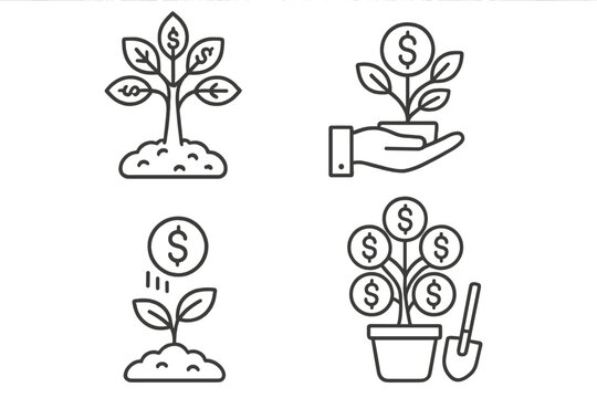 Money tree line icon set for finance and investment. Business growth, savings, and wealth concept. Vector icons of planting and growing money. Editable stroke outline symbols.