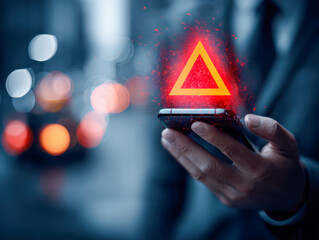 Person holding a smartphone with a glowing red warning triangle symbolizing digital alert or emergency notification on a blurred city background at night