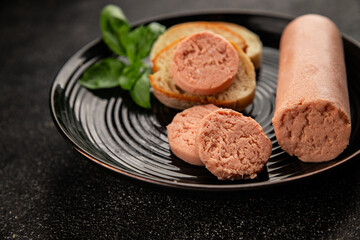 Sausage spread sandwich pork spread natural product tasty snack fresh delicious gourmet food background on the table rustic top view copy space
