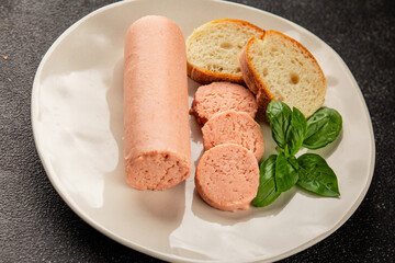 Sausage spread sandwich pork spread natural product tasty snack fresh delicious gourmet food background on the table rustic top view copy space