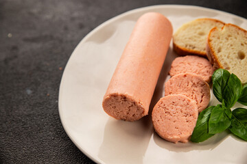 Sausage spread sandwich pork spread natural product tasty snack fresh delicious gourmet food background on the table rustic top view copy space