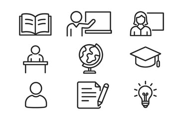 Education and learning outline icon set. School, study, university, classroom, teacher, student, and knowledge concept symbols. Line art pictograms for web and mobile apps.