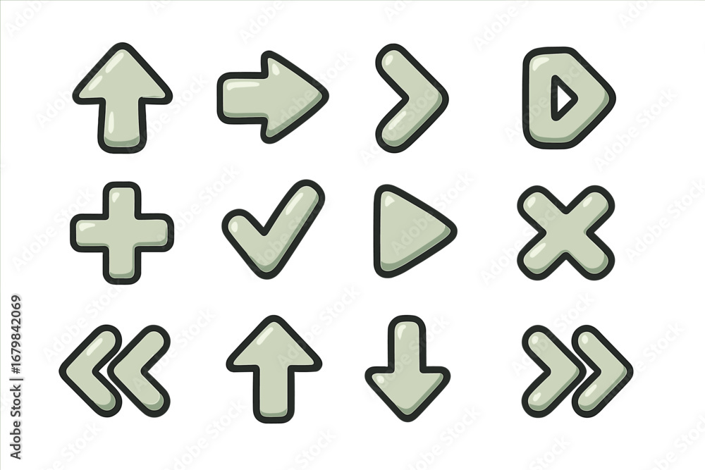 Poster cartoon game ui button icon set. vector collection of glossy navigation symbols for web or app desig