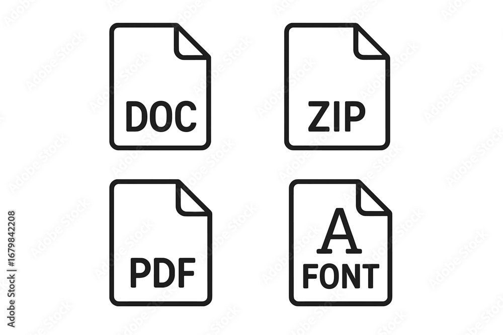 Poster file format outline icon set. vector document, zip archive, pdf, and font file symbols. modern minim