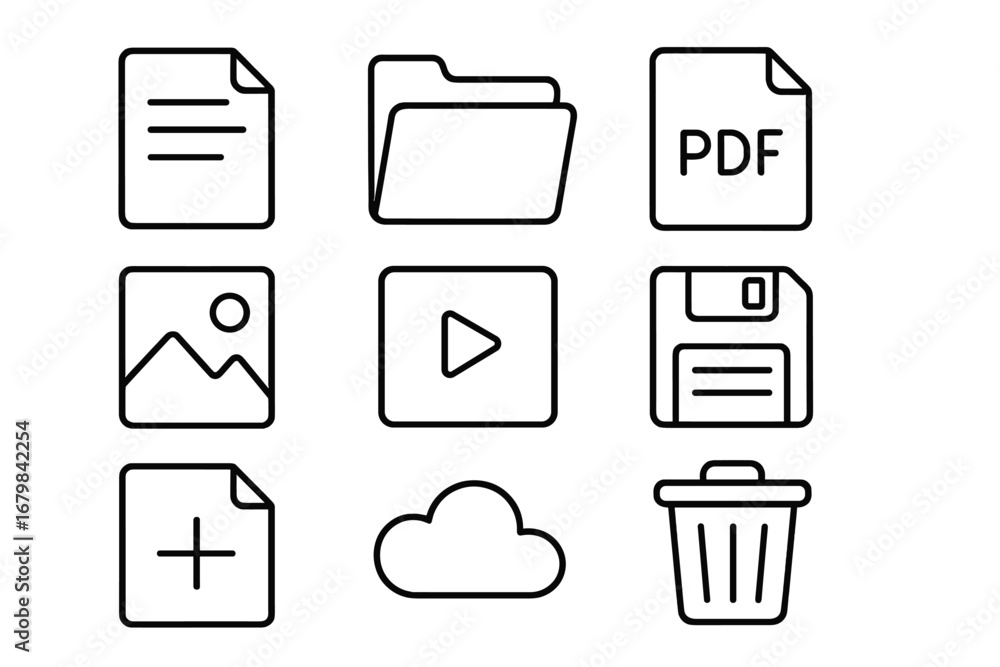 Poster file management thin line icon set. vector symbols for ui and web design. document, folder, pdf, ima