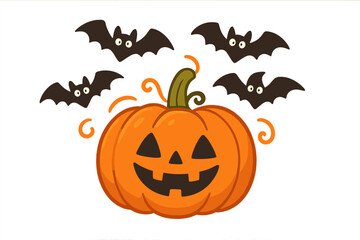 Fototapeta premium Playful Halloween decoration with a smiling orange pumpkin Jack o' lantern and cute flying bats. Festive autumn celebration for October holiday. Cartoon vector illustration.