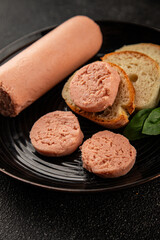 Sausage spread sandwich pork spread natural product tasty snack fresh delicious gourmet food background on the table rustic top view copy space