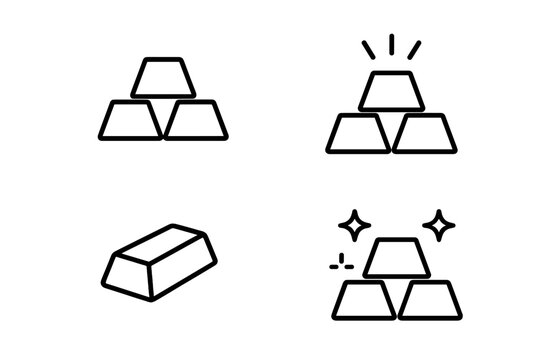 Gold bar and ingot outline icon set. Vector illustration of stacked gold bullion for finance, banking, and investment concepts. Simple line art of wealth and treasure symbols.