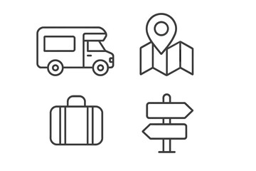 Travel icons pack. Motorhome van, map pin, baggage, direction pointer. Thin line vector symbols for camping, road trip, vacation, tourism, navigation, gps, luggage.