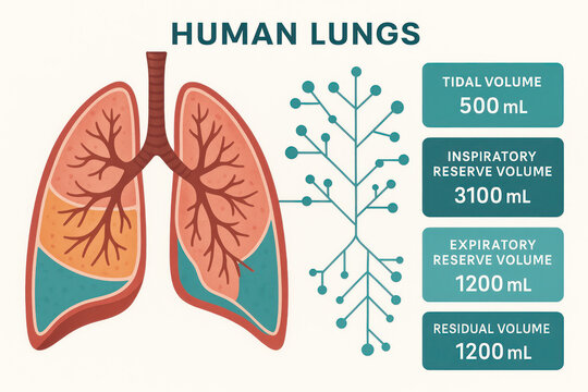 Human Lung Capacity Illustration, Respiratory System Diagram with Tidal, Inspiratory, Expiratory, Residual Volumes [Illustration]