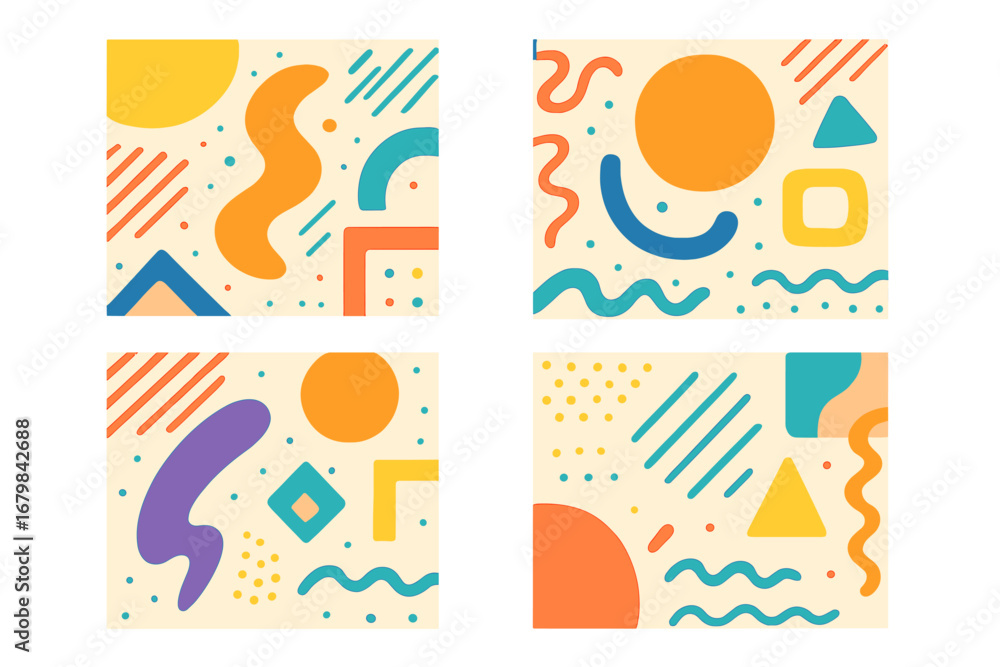 Poster set of modern abstract backgrounds with geometric shapes. funky memphis style seamless patterns. cre