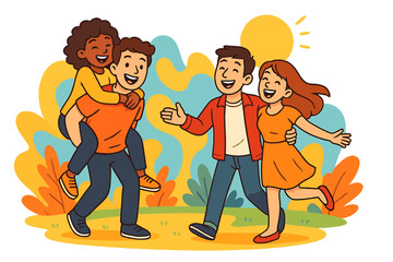 Happy diverse friends and couples enjoying a playful moment outdoors. Man giving piggyback ride to woman. Joyful group together in summer park. Vector cartoon illustration.