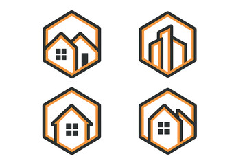 Set of real estate logos. Modern line art icon collection with house and building symbols in hexagon frame. Vector graphic for realtor, property, construction or mortgage company.
