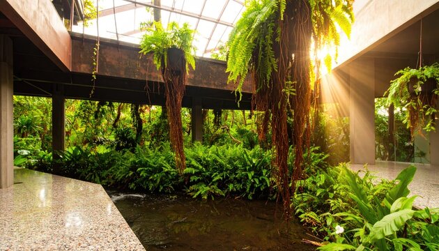 Sunlit Atrium with Hanging Planters and Terrazzo Floor