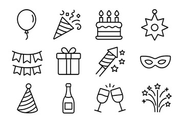 Celebration and party line icon set. Festive holiday symbols for birthday, new year, and events. Vector outline collection with cake, gift, balloon, fireworks, and champagne.