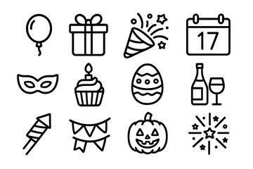 Celebration and holiday line icon collection. Vector set of festive party symbols like gift, balloon, cupcake, mask, pumpkin for Halloween, Easter egg, New Year fireworks.