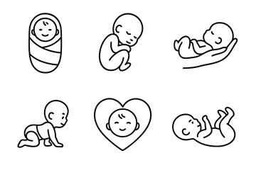 Newborn baby outline collection, simple linear editable stroke illustrations, vector cartoon icons for websites, books, cards, apps, transparent background designs