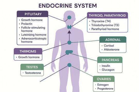 Endocrine System Diagram - Illustration of Hormones and Glands in Human Body, Medical and Scientific , Educational Material  [Illustration]
