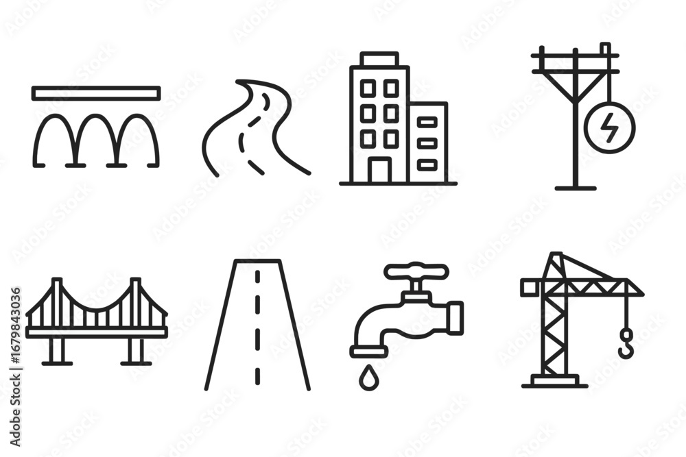Poster infrastructure construction line icon set. vector symbols of bridges, roads, utilities, buildings. l