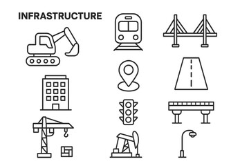 Infrastructure line icon set. Construction, transport, urban development icons. Vector collection with bridge, road, crane, excavator, train, traffic light, building.