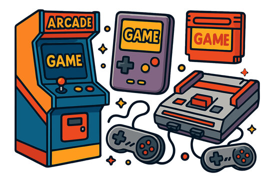 Retro arcade games and classic gaming consoles in vibrant cartoon vector style, nostalgic entertainment elements, vintage joystick, handheld console, game cartridges, pixel art
