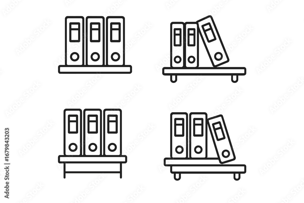 Poster office binder and file folder icon set. shelved documents for data storage and archive. business pap