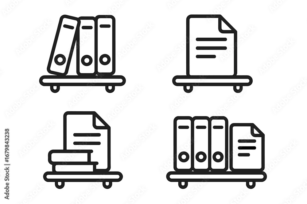 Poster document management outline icon set. archive binders and folders on shelf. office paperwork, file s