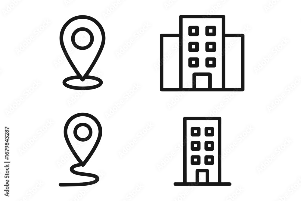 Poster location and navigation line icon set. marker, building icons outline collection. vector for busines