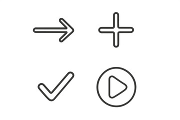 Simple linear interface illustration with arrow, plus, checkmark, and play icons for app, web design, cards, posts, and user interface elements in vector cartoon style