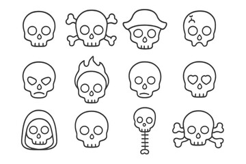 Skull Pack of Thin Line Icons, Editable Stroke Vector Cartoon Illustrations for Websites, Books, Cards, Apps, Transparent Background, Ordered Set of Dark and Fun Skull Designs