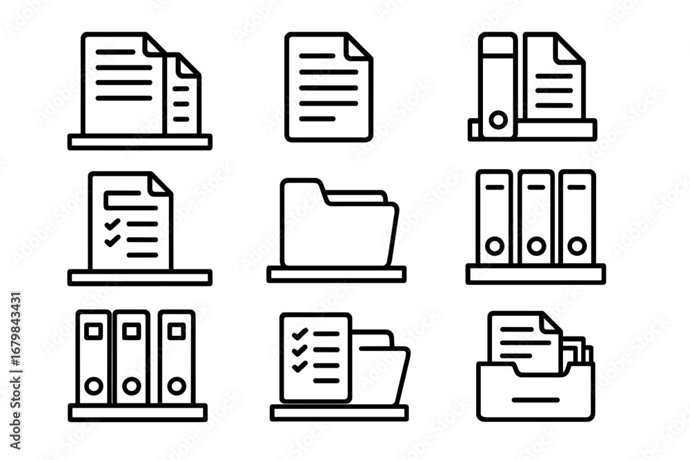 Poster document management icon set. office files. folders and binders on shelf. archive paperwork storage.