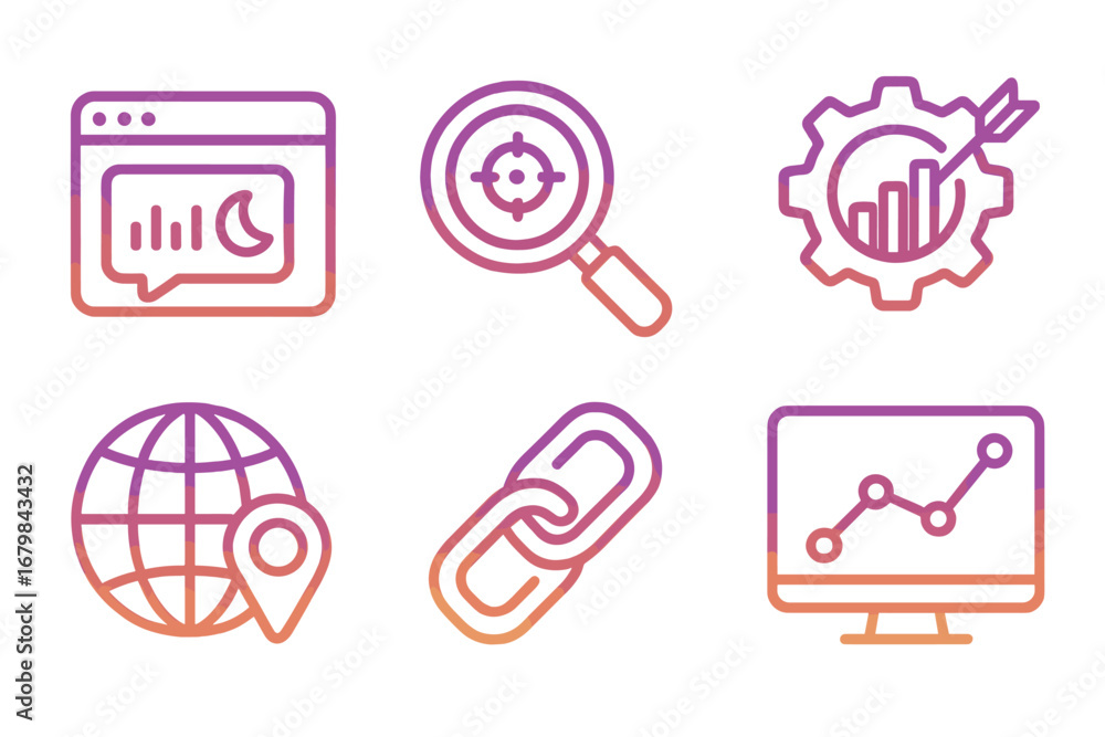 Poster seo line icon set. web analytics, digital marketing strategy. vector icons for website optimization,