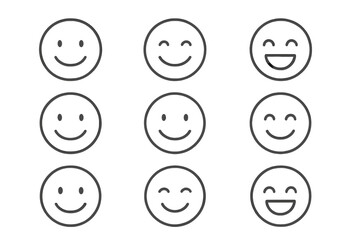 Smile thin icon set with editable stroke for websites, books, cards, and apps, vector cartoon illustration on transparent background, ordered design collection, emoticons, happiness symbols