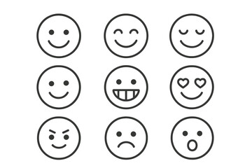 Fototapeta premium Smile Thin Line Icons Set, Editable Stroke Vector Cartoon Faces with Various Expressions, Perfect for Websites, Books, Cards, Apps, Transparent Background, Ordered Collection