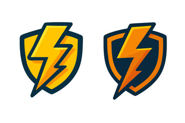 Electric lightning bolt shield logo set. Modern security, energy, or technology emblem in two vibrant yellow-orange vector cartoon styles. Powerful thunderbolt icon for branding or protection themes.