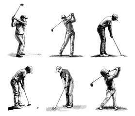 Set of illustrations of a golfer's swing in a vintage woodblock style