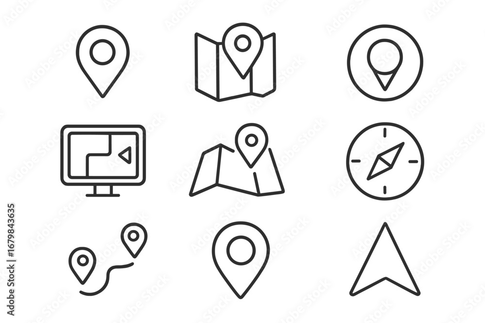 Poster navigation and location outline icon set. gps map and destination symbols in a minimal line style. v
