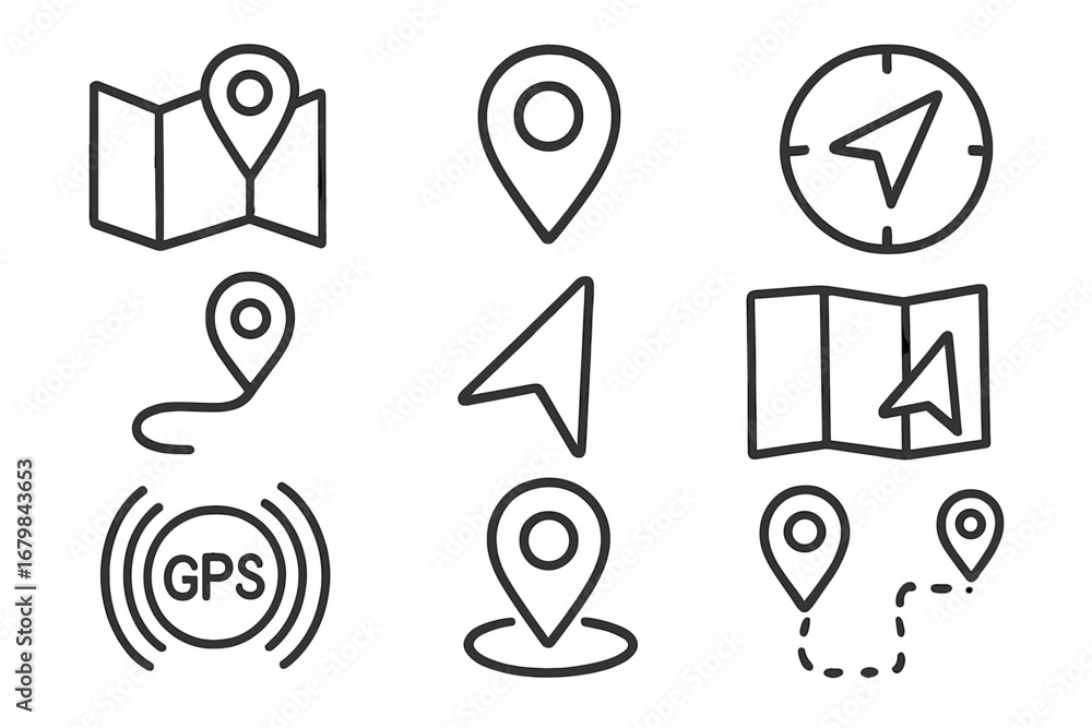 Poster navigation and location outline icon set. gps, map, and compass symbols in a line style. vector coll