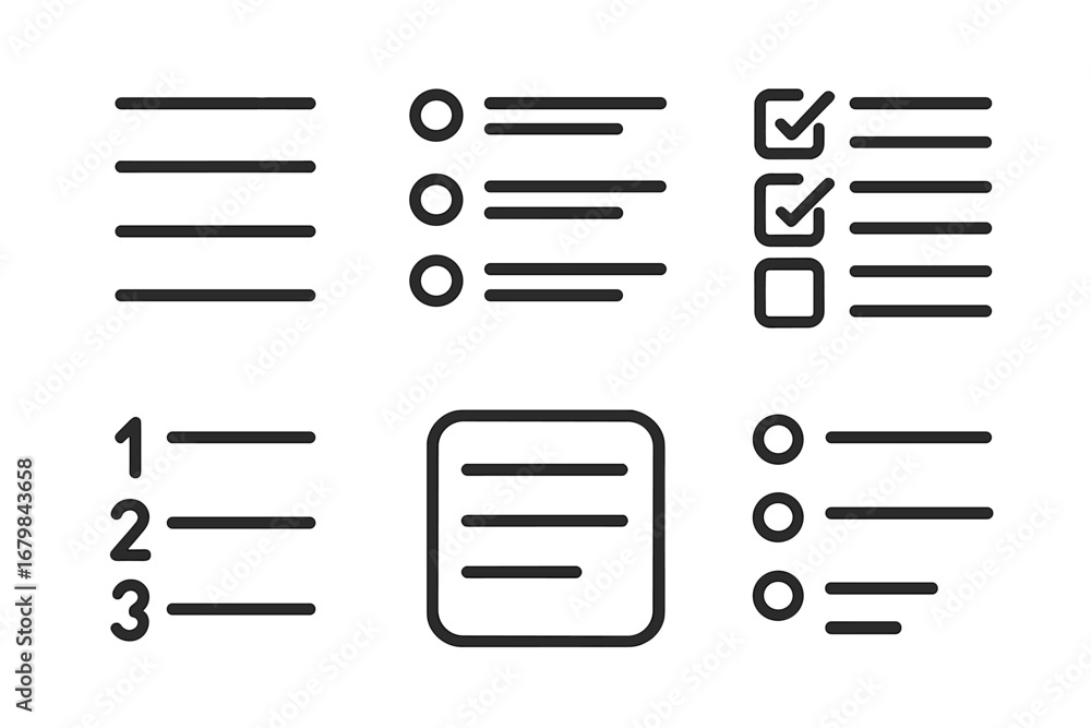 Aufkleber list and checklist icon set. outline vector collection of to-do list, bullet points, numbered items,