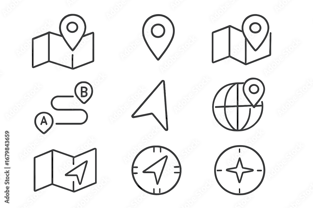 Poster navigation and location outline icon set. gps map symbols collection. geolocation signs like destina