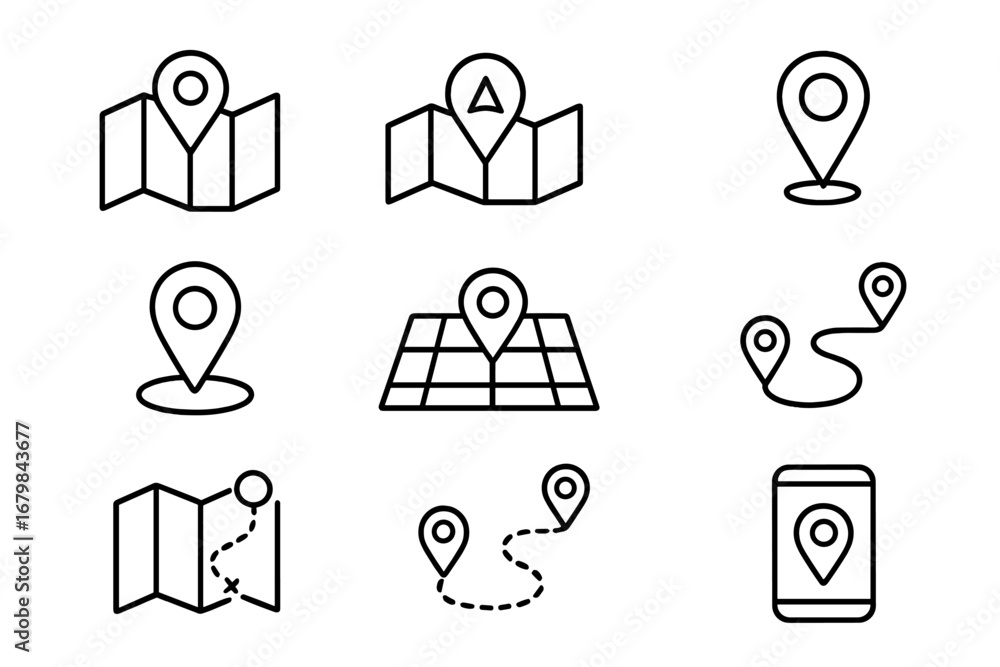 Poster navigation and gps line icon set for maps, routes, and location. linear icons collection for web, mo