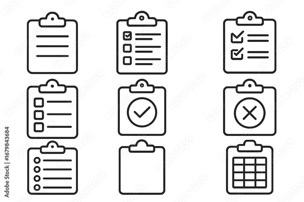 Poster clipboard outline icon set for task management and planning. vector symbols for checklist, survey, r