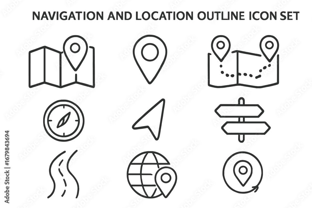 Poster navigation and location outline icon set. vector symbols for map, direction, gps, and travel. includ