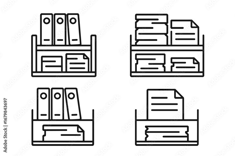 Poster archive shelves simple line icon set. office document and file storage. paperwork and bureaucracy co
