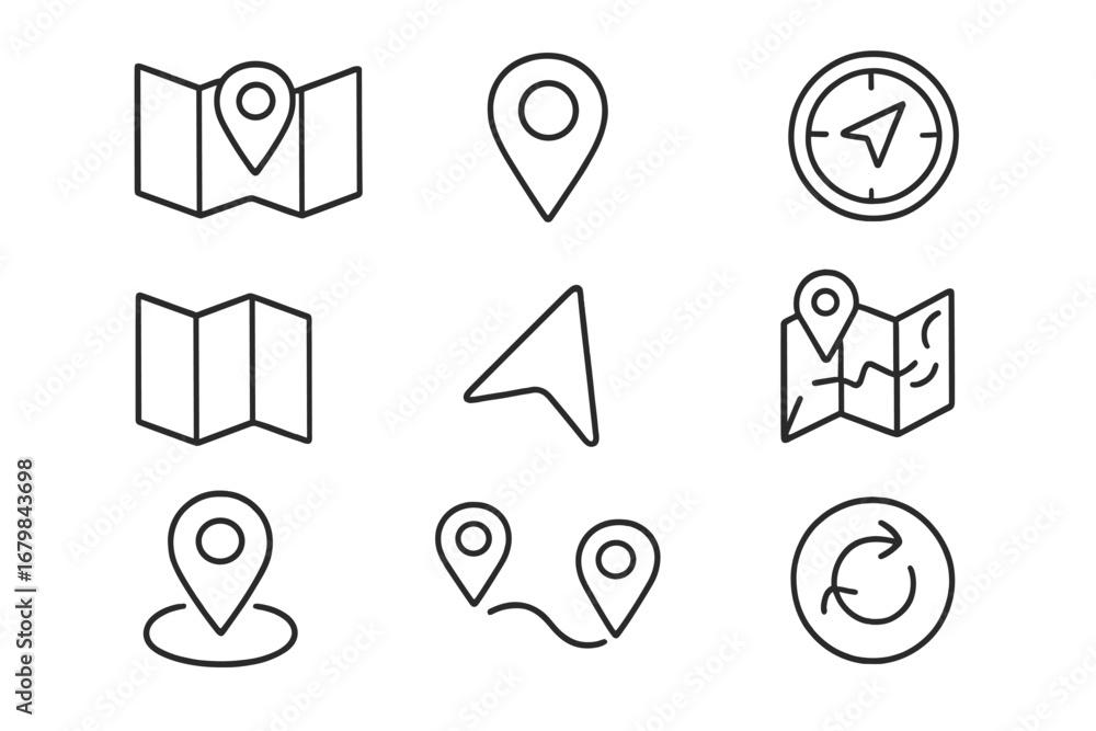Poster navigation and location line icon set. vector collection of map, gps, direction, and route symbols. 