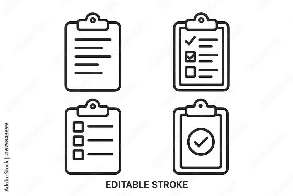 Poster clipboard icon collection with editable stroke. vector outline symbols for checklist, to do list, su